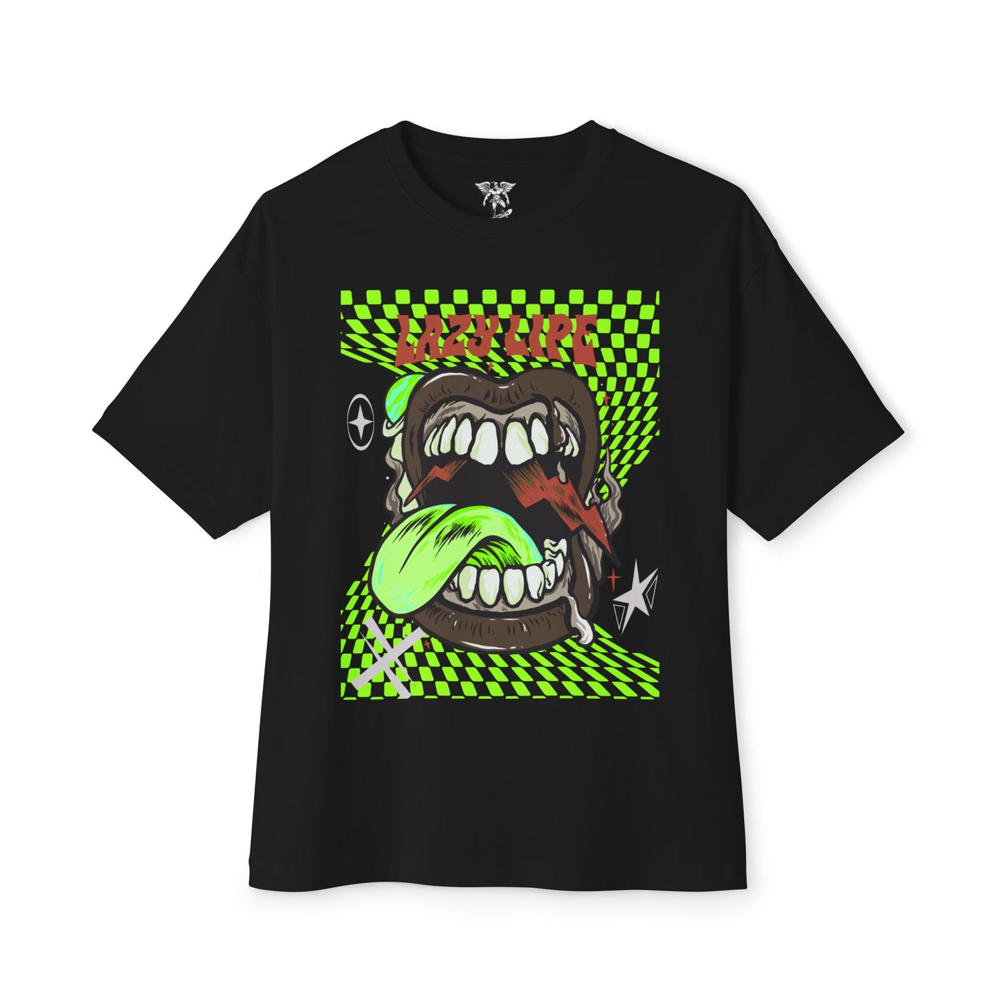 Neon Checkerboard Tongue Graphic Tee — Retro Streetwear Oversized Boxy Shirt