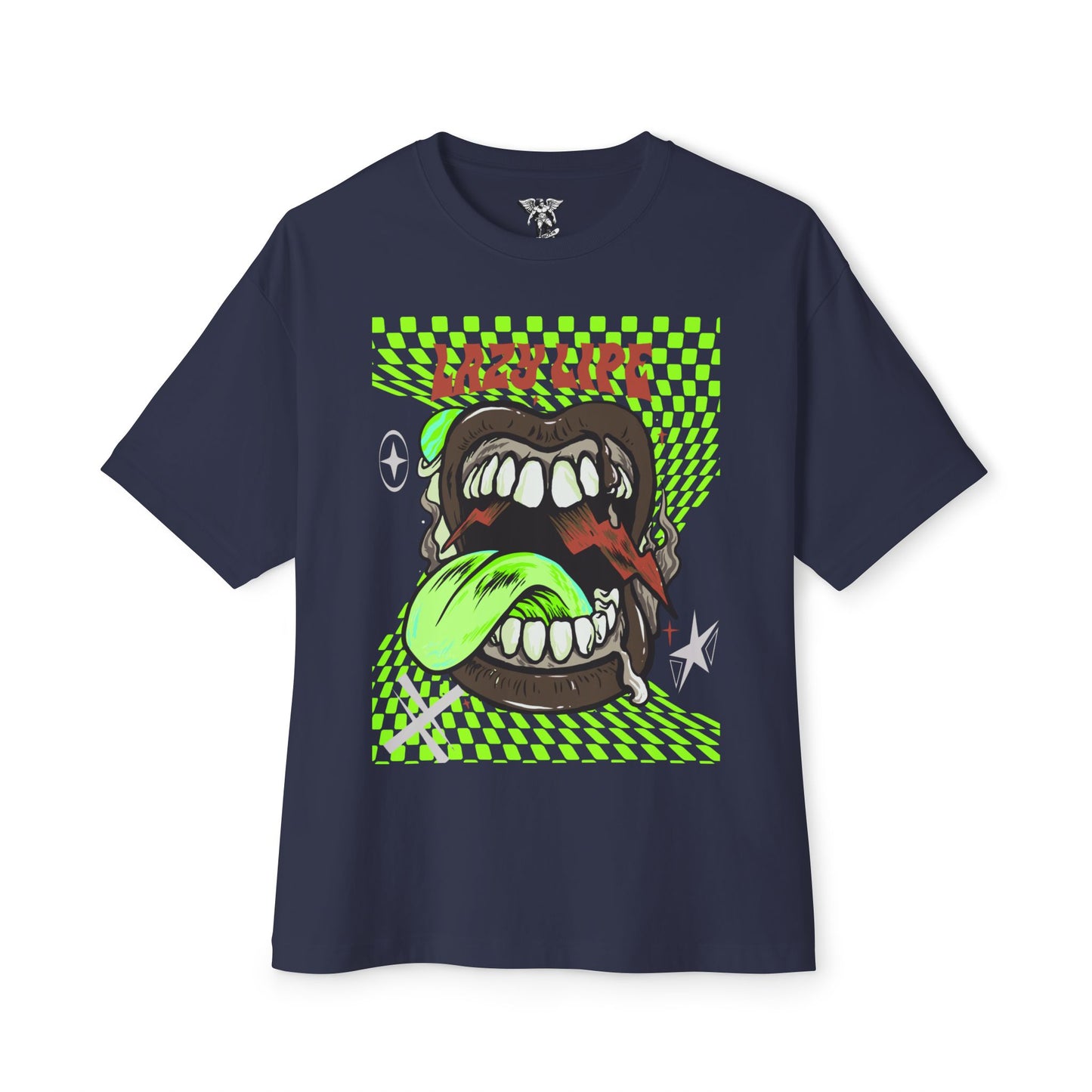 Neon Checkerboard Tongue Graphic Tee — Retro Streetwear Oversized Boxy Shirt