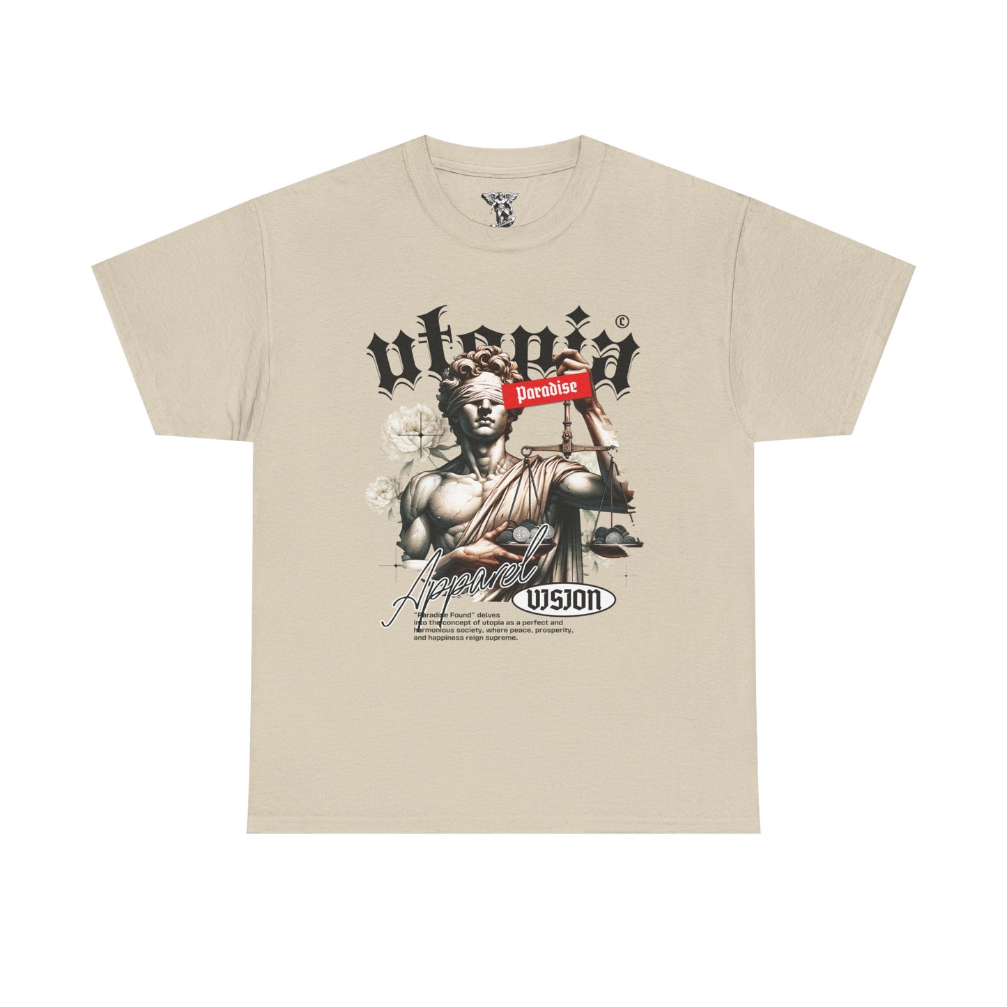 Justice Statue 'Paradise' Graphic Tee — Red Streetwear T-Shirt