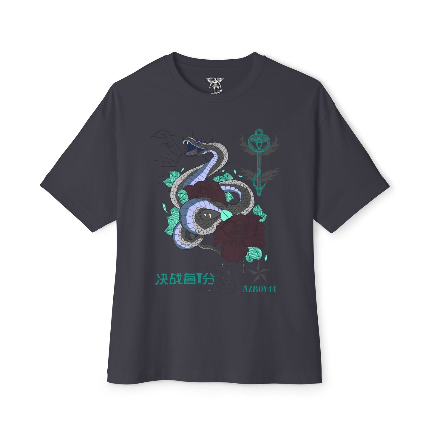 Serpent & Rose Graphic Tee — Japanese Script Oversized Boxy T-Shirt