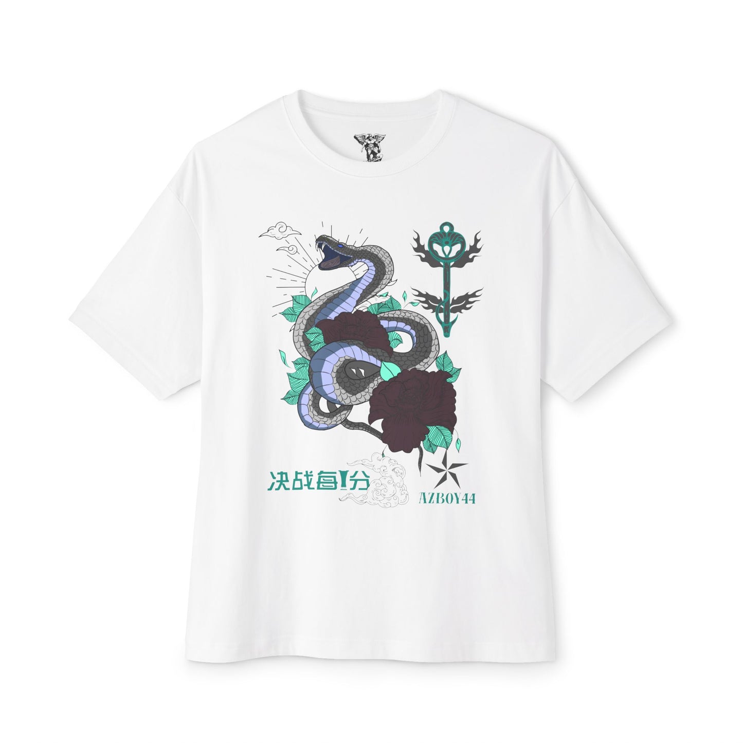 Serpent & Rose Graphic Tee — Japanese Script Oversized Boxy T-Shirt