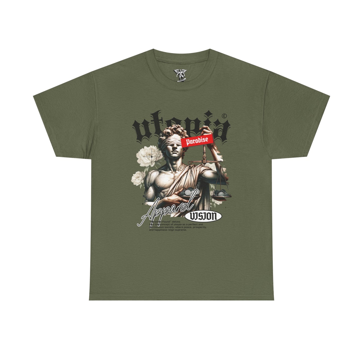 Justice Statue 'Paradise' Graphic Tee — Red Streetwear T-Shirt