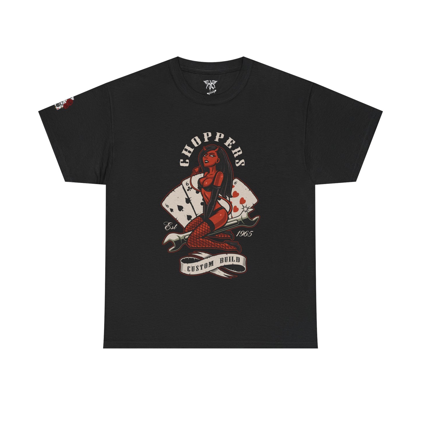 Choppers Pinup Playing Cards Tee — Vintage Biker Graphic T-Shirt