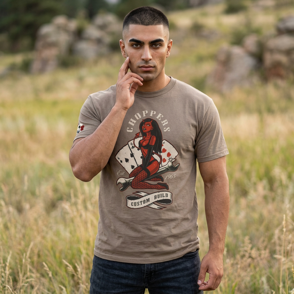 Choppers Pinup Playing Cards Tee — Vintage Biker Graphic T-Shirt
