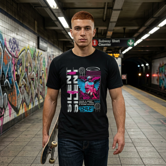 Neon Retro Peace Angel T-Shirt — Vintage 80s-Inspired Graphic Tee