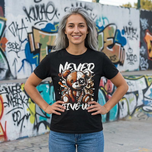 Never Give Up Teddy Tee — Motivational T-Shirt