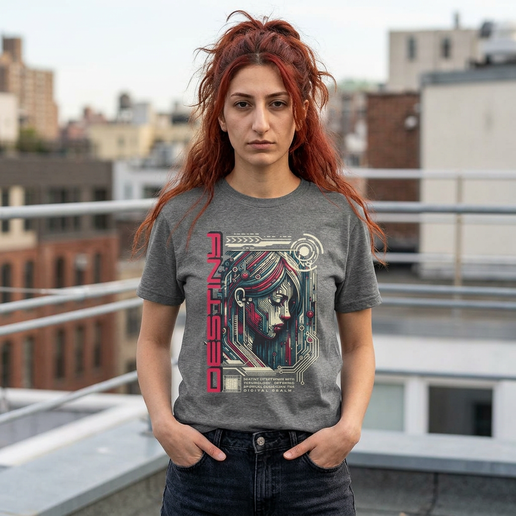 Cyberpunk 'Designz' Graphic Tee — Futuristic Tech Girl T-Shirt