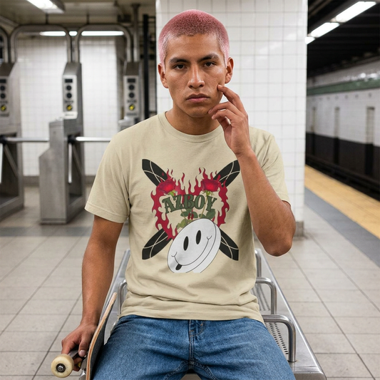 Flame Heart Happy Face Cotton Tee — Bold Graphic Unisex Crew Shirt