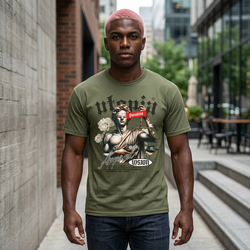 Justice Statue 'Paradise' Graphic Tee — Red Streetwear T-Shirt