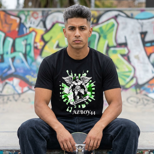 Angel Skateboard Tee — Green Grunge Winged Rider