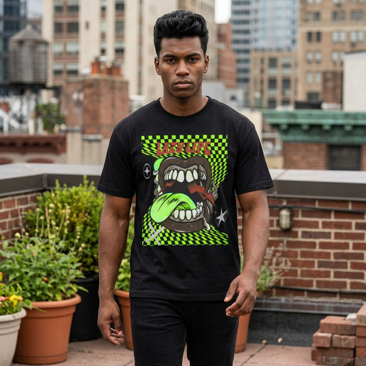 Neon Checkerboard Tongue Graphic Tee — Retro Streetwear Oversized Boxy Shirt