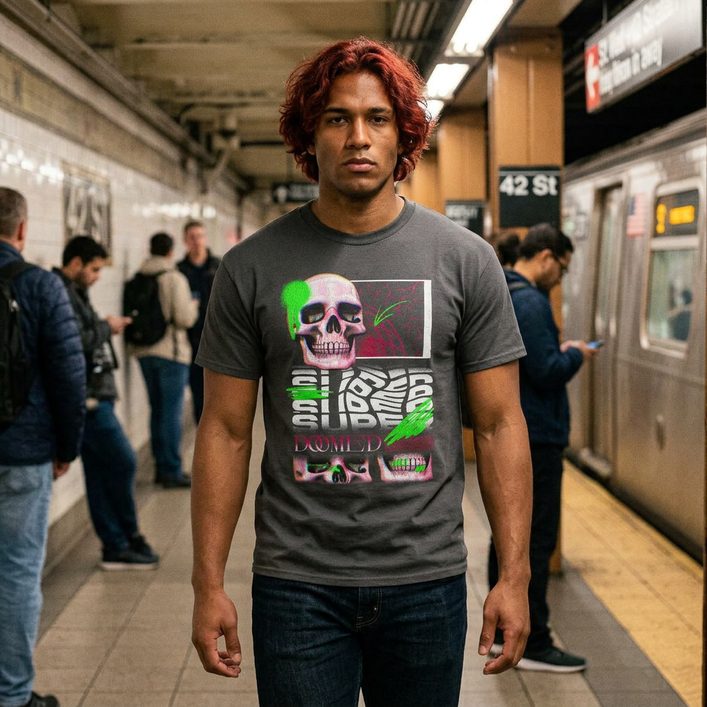Doomed Skull Neon Cyberpunk Horror T-Shirt