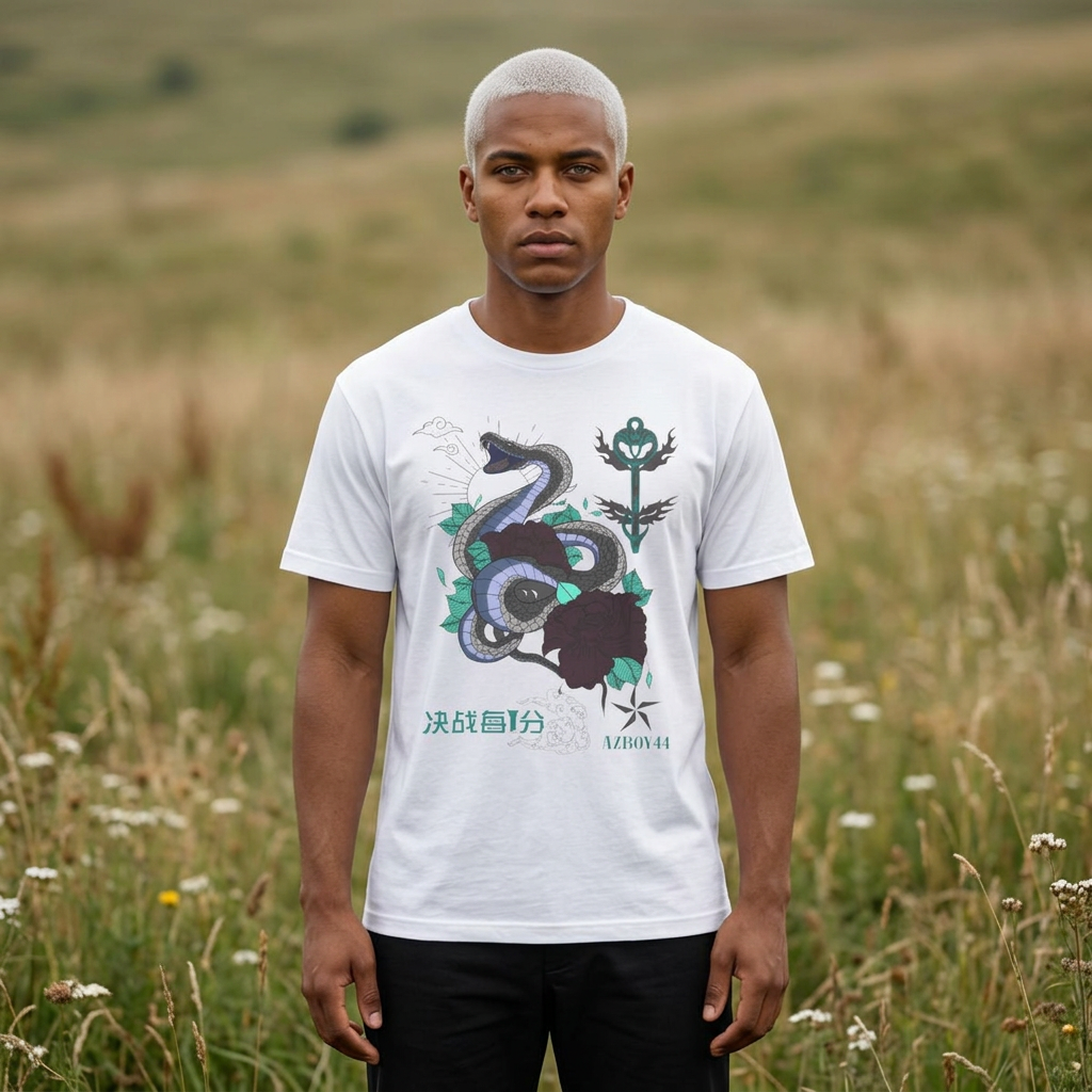 Serpent & Rose Graphic Tee — Japanese Script Oversized Boxy T-Shirt