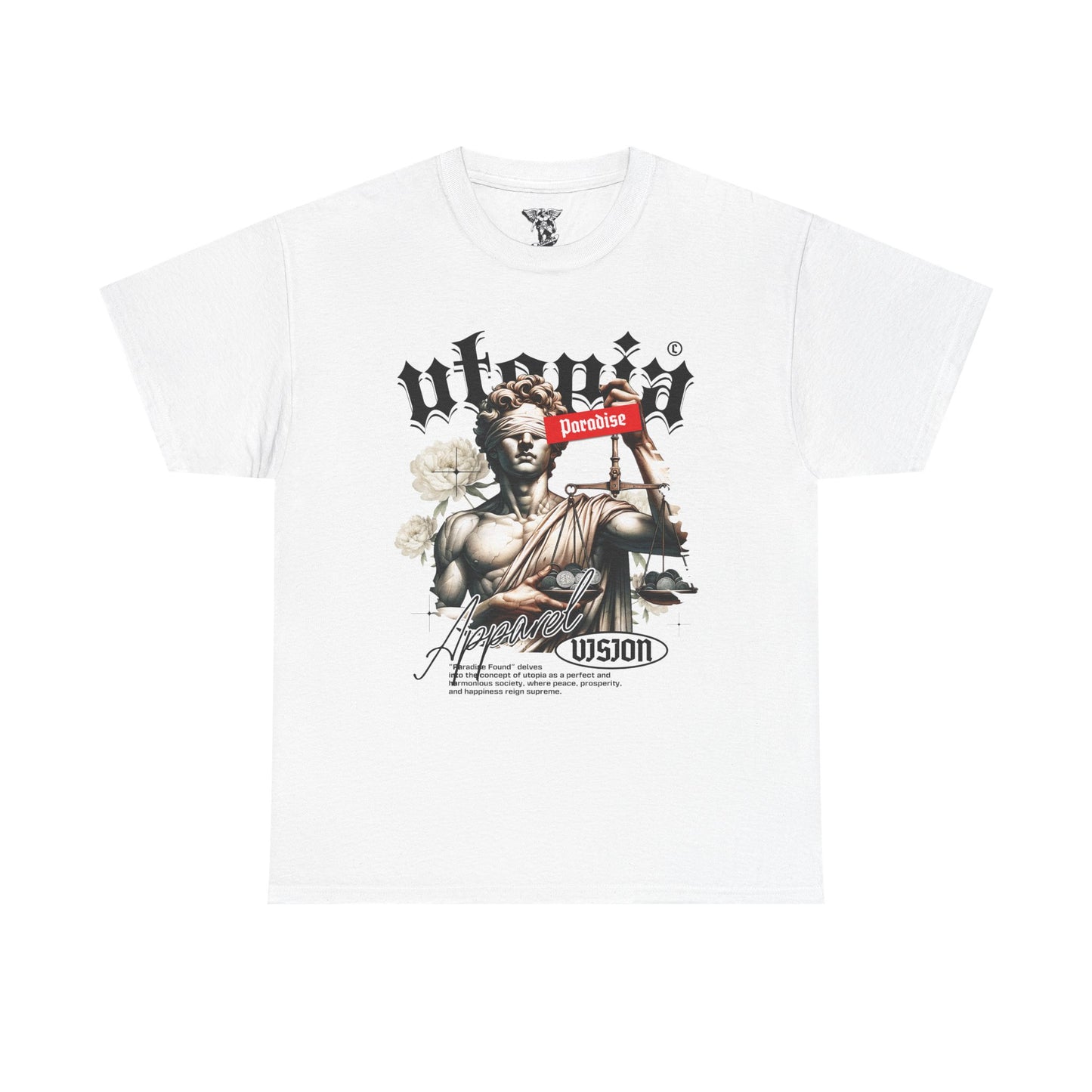 Justice Statue 'Paradise' Graphic Tee — Red Streetwear T-Shirt