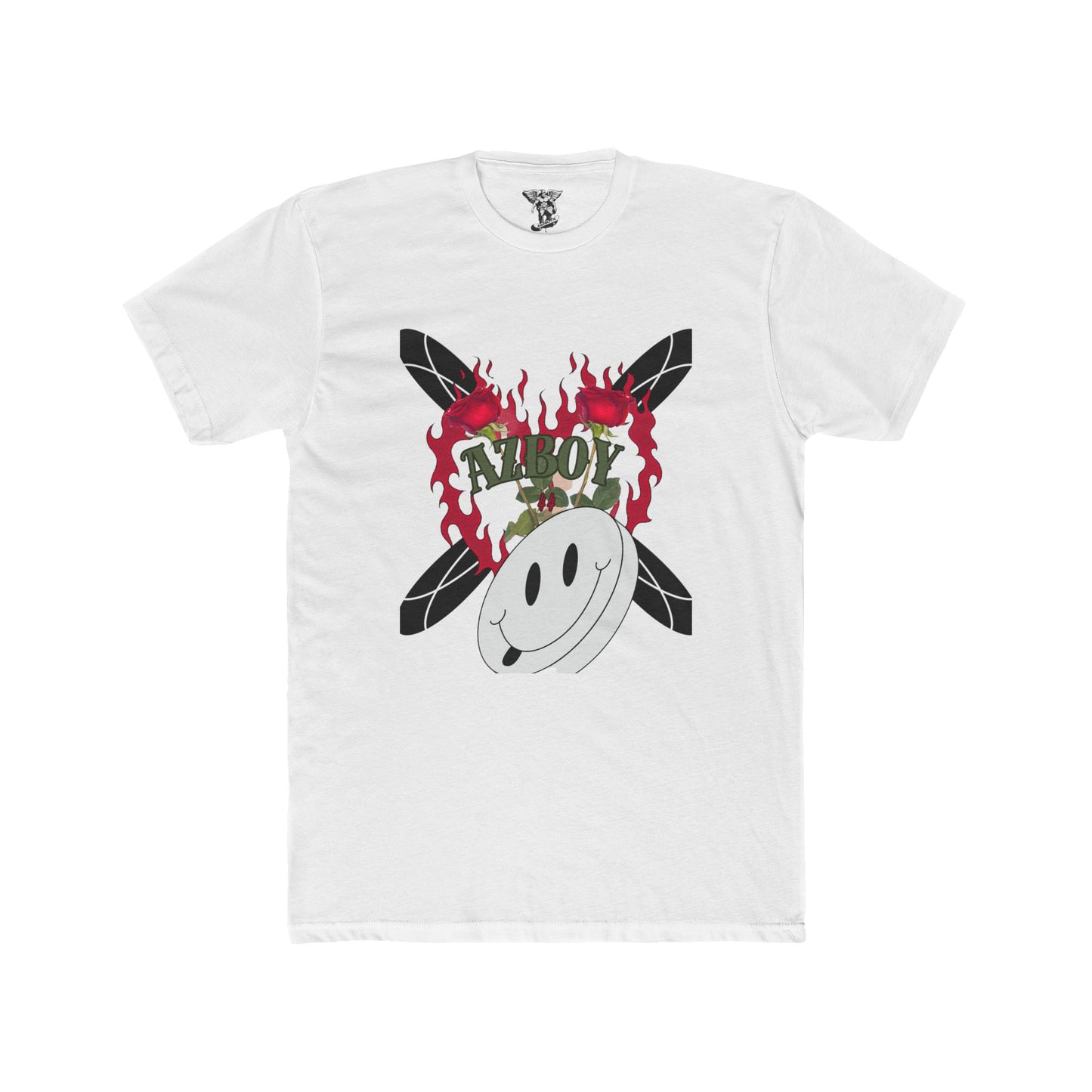 Flame Heart Happy Face Cotton Tee — Bold Graphic Unisex Crew Shirt