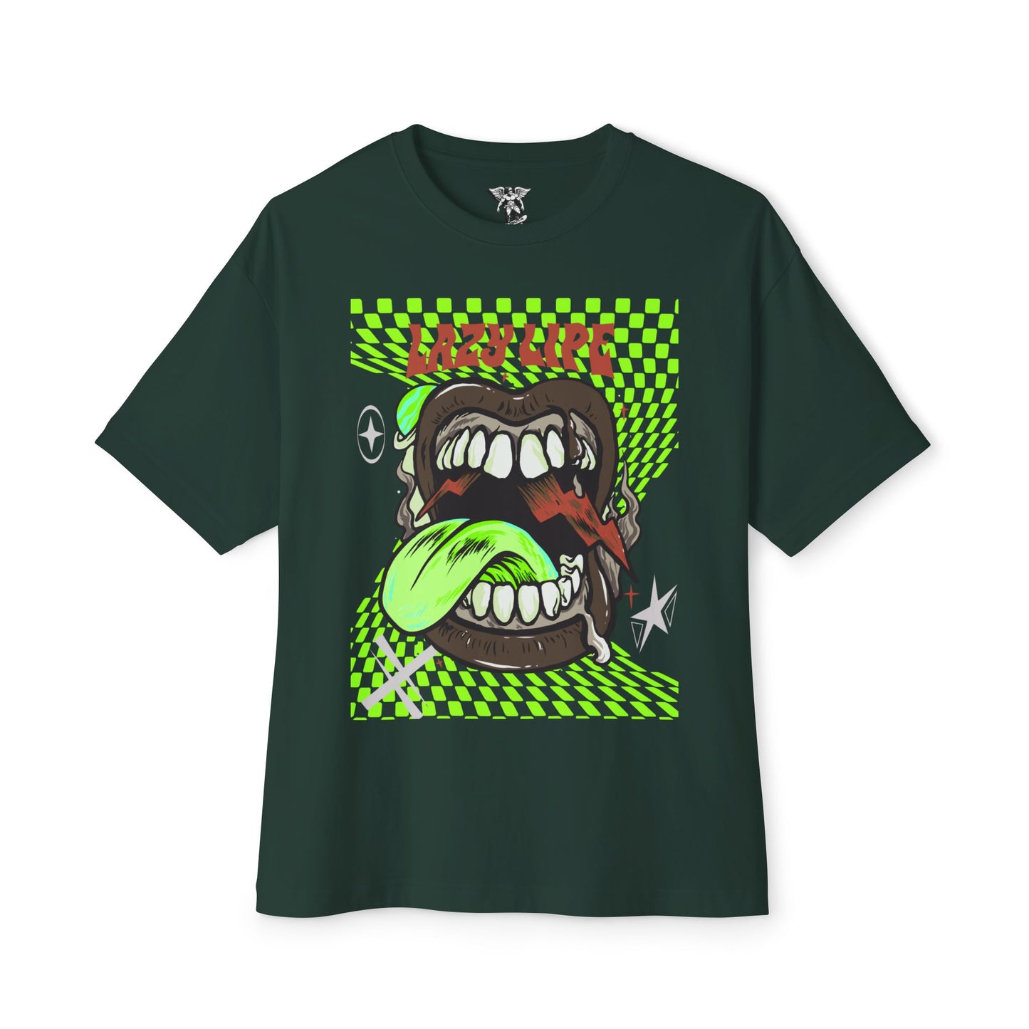 Neon Checkerboard Tongue Graphic Tee — Retro Streetwear Oversized Boxy Shirt