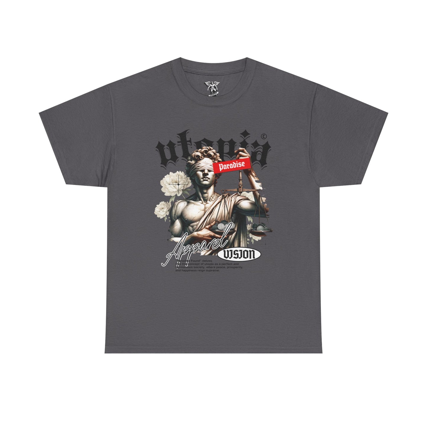 Justice Statue 'Paradise' Graphic Tee — Red Streetwear T-Shirt